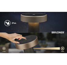 Briloner Logo. Solar tafellamp met IP44 beschermingsgraad en touchdimmer van 10 tot 100 procent.