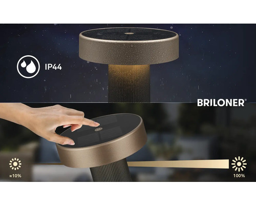 Briloner Logo. Solar tafellamp met IP44 beschermingsgraad en touchdimmer van 10 tot 100 procent.