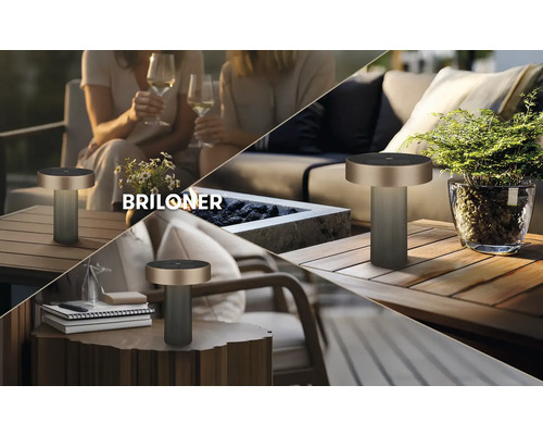 Moderne Briloner tafellamp met metalen bovenkant en geribbelde voet op terras en balkon, Briloner Logo.
