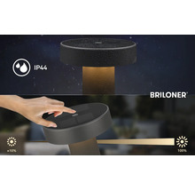 Buitenlamp met zonnepaneel, IP44 spatwaterdicht en touch-dimfunctie van circa 10 tot 100 procent. Briloner Logo.