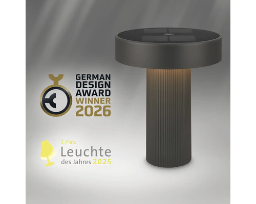 Moderne tafelzuil op zonne-energie met de prijzen German Design Award Winner 2026 en Lamp van het jaar 2025.