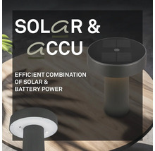 Moderne buitenlamp met gecombineerde zonne- en batterijvoeding, geïntegreerd zonnepaneel en ledverlichting.