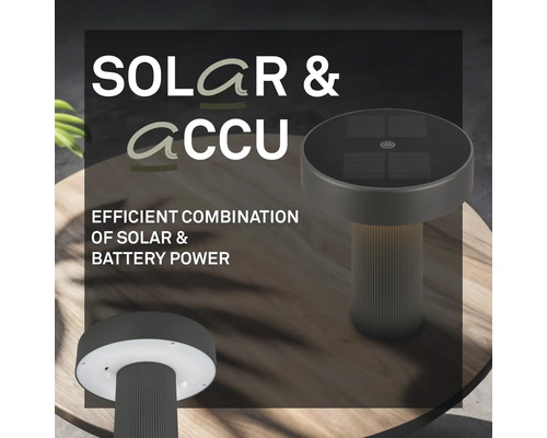 Moderne buitenlamp met gecombineerde zonne- en batterijvoeding, geïntegreerd zonnepaneel en ledverlichting.