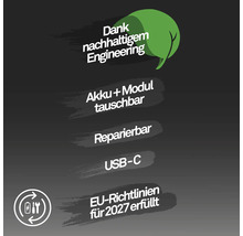 Duurzaamheidsinformatie: accu en module vervangbaar, repareerbaar, USB-C aansluiting, voldoet aan richtlijnen van de Europese Unie voor 2027.
