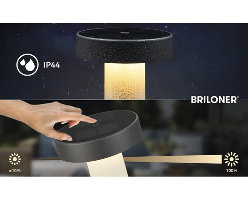 Briloner LED-tafellamp met IP44 spatwaterbescherming en touch-dimfunctie van circa 10 tot 100 procent.