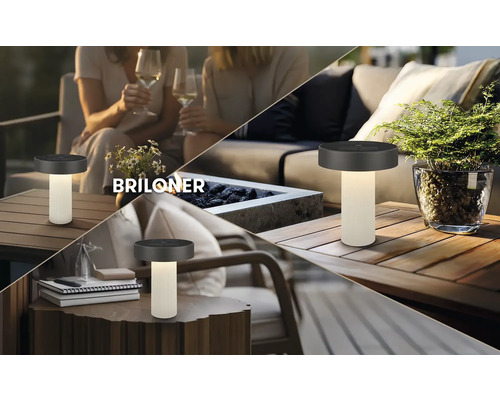 Briloner LED-tafellamp op batterij voor buiten, draagbaar, op houten oppervlakken in diverse tuinscènes met Briloner Logo.