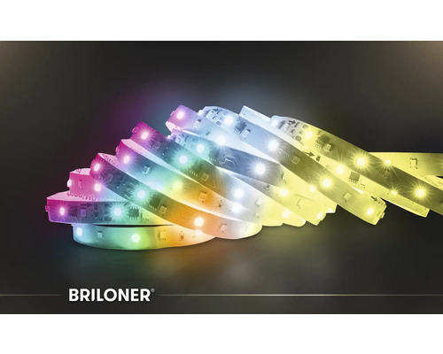 Briloner LED-strip met kleurwisseling en wit licht voor decoratieve verlichting. Briloner Logo.