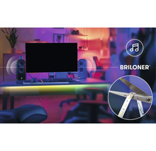Briloner Logo, gaming setup met LED-strip, muzieksynchronisatie en weergave van een inkortbare LED-strip.