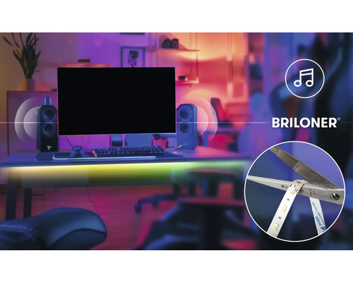 Briloner Logo, gaming setup met LED-strip, muzieksynchronisatie en weergave van een inkortbare LED-strip.