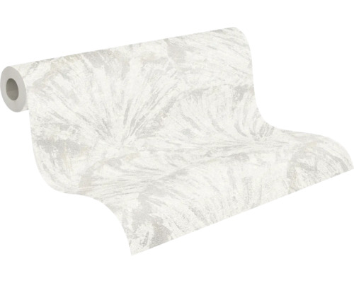 Vliesbehang met abstract bladpatroon in lichte tinten, licht gestructureerd.