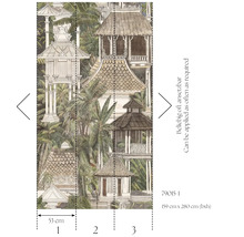 Fotobehang met Zuidoost-Aziatische architectuur en palmbomen bestaande uit drie banen met een totale afmeting van 159 bij 280 centimeter.