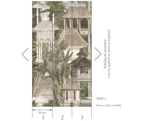 Fotobehang met Zuidoost-Aziatische architectuur en palmbomen bestaande uit drie banen met een totale afmeting van 159 bij 280 centimeter.