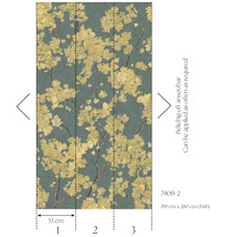 Vliesbehang met bloemenpatroon van gele bloemen, 159 bij 280 centimeter, eindeloos herhaalbaar.