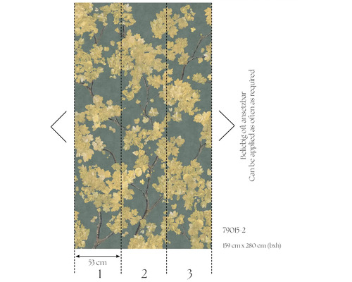 Vliesbehang met bloemenpatroon van gele bloemen, 159 bij 280 centimeter, eindeloos herhaalbaar.