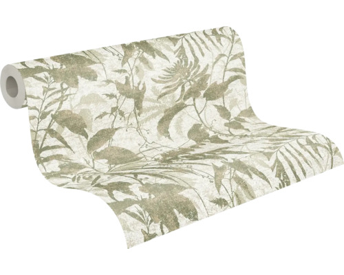 Vliesbehang met botanisch patroon van bladeren en bloemen