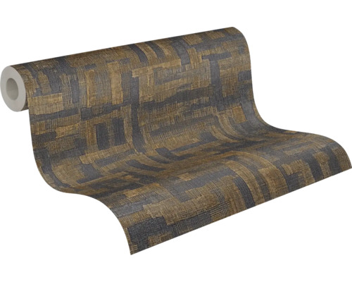 Vliesbehang met abstract geometrisch patroon in bruin en grijs met geweven structuur.