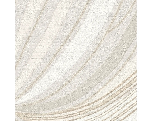 Gestructureerd vliesbehang met modern golfpatroon in beige en wit.