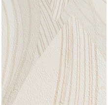 Close-up van een beige gestructureerd behang met een patroon van abstracte golvende lijnen en een licht glanzend oppervlak.