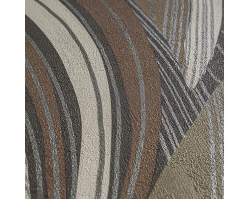 Vliesbehang met abstract golfpatroon in bruin en grijs met voelbare structuur