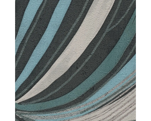 Behang met structuur en een abstract golfpatroon in grijs, blauw, turquoise en wit.