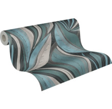 Behangrol met groot bladpatroon in turquoise, grijs en zwart.
