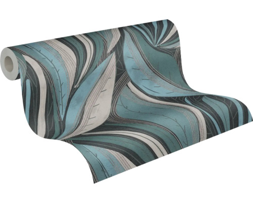Behangrol met groot bladpatroon in turquoise, grijs en zwart.