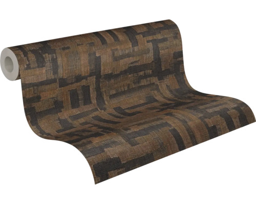 Vliesbehang met abstract geometrisch patroon in bruin en donkergrijs met textielstructuur