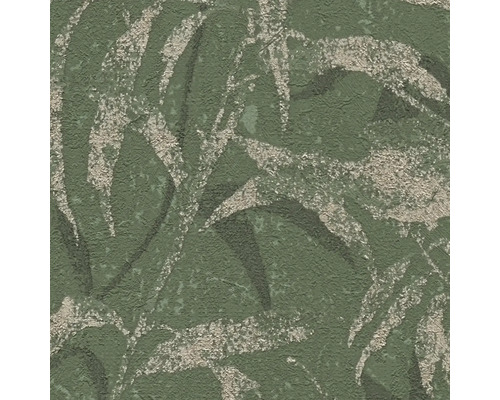 Groen vliesbehang met bladmotief en gestructureerd oppervlak