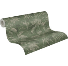 Rol behang met botanisch blad- en bloempatroon in groen en beige.