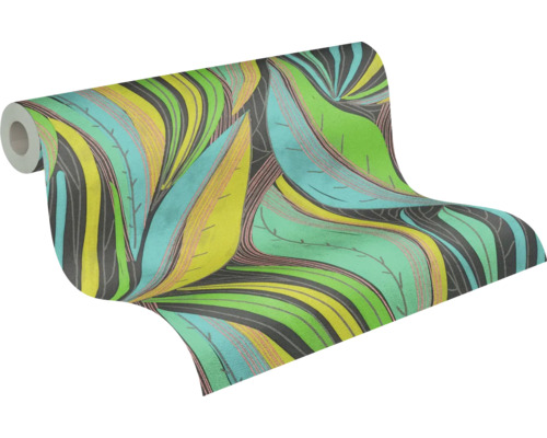 Vliesbehang met abstract bladerpatroon en golvende lijnen.