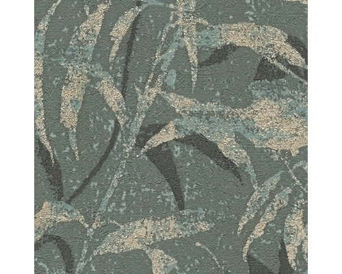 Gestructureerd vliesbehang met abstract bladpatroon en glinsterende effecten.