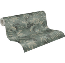 Vliesbehang met botanisch blad- en bloemenpatroon, getextureerde afwerking.