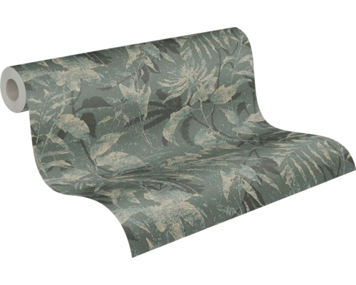 Vliesbehang met botanisch blad- en bloemenpatroon, getextureerde afwerking.