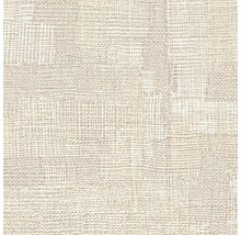 Beige gestructureerd behang met linnenlook en een fijn geweven oppervlak.