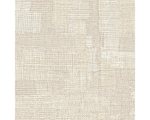 Beige gestructureerd behang met linnenlook en een fijn geweven oppervlak.