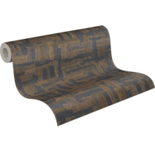 Vliesbehang met geometrisch patroon in weeflook in bruin en grijs.