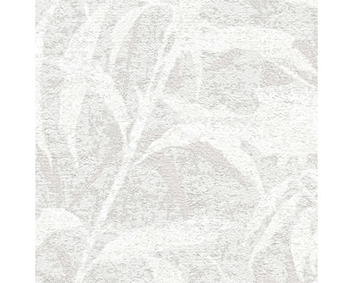 Gestructureerd wit behang met een floraal bladpatroon.