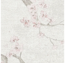 Behang met kersenbloesempatroon en takken op fijne horizontale textuur.