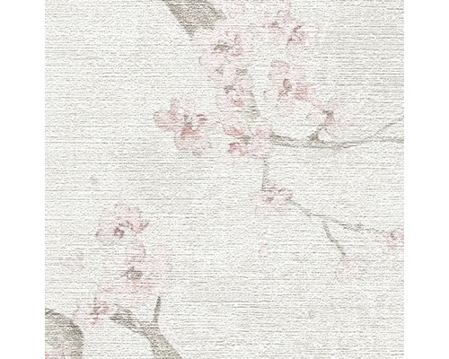 Behang met kersenbloesempatroon en takken op fijne horizontale textuur.
