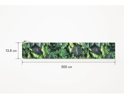 Zelfklevende behangrand met tropisch bladerpatroon, 13,8 centimeter hoog en 500 centimeter lang.