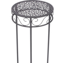 Ronde metalen plantenstandaard met gatenpatroon en decoratieve krullen, antraciet.