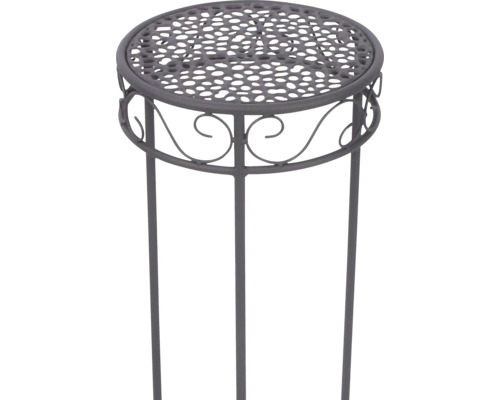 Ronde metalen plantenstandaard met gatenpatroon en decoratieve krullen, antraciet.