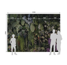 Fotobehang met jungle-motief van planten en varens, 375 bij 270 centimeter, 5 banen van elk 75 centimeter, silhouetten ter illustratie van de maat.