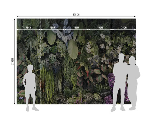 Fotobehang met jungle-motief van planten en varens, 375 bij 270 centimeter, 5 banen van elk 75 centimeter, silhouetten ter illustratie van de maat.