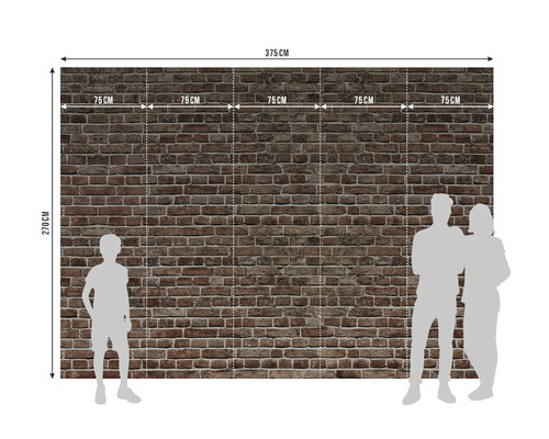 Fotobehang met baksteenlook, 375 centimeter breed en 270 centimeter hoog, verdeeld in vijf banen van elk 75 centimeter.