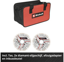 Einhell gereedschapstas met Einhell Logo, twee gesegmenteerde diamantdoorslijpschijven, afzuigadapter en inbussleutel.