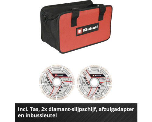 Einhell gereedschapstas met Einhell Logo, twee gesegmenteerde diamantdoorslijpschijven, afzuigadapter en inbussleutel.