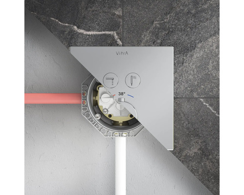 Doorsnede van een VitrA inbouwthermostaatkraan met inbouwdeel, symbolen voor bad en douche en aanduiding van 38 graden.