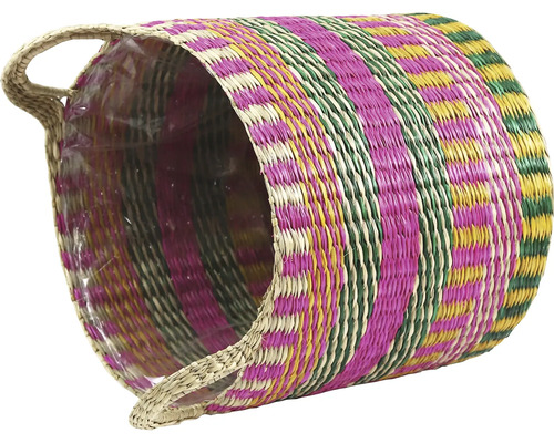 Gevlochten mand van zeegras met gekleurde strepen, twee handvatten en kunststoffolie aan de binnenzijde.