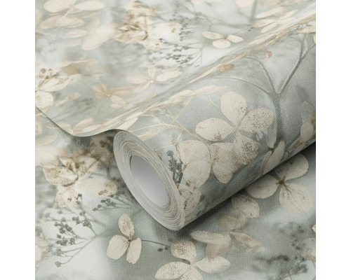 Vliesbehang op rol met floraal patroon van bladeren en bloemen in vintage stijl, toont de oppervlaktestructuur.